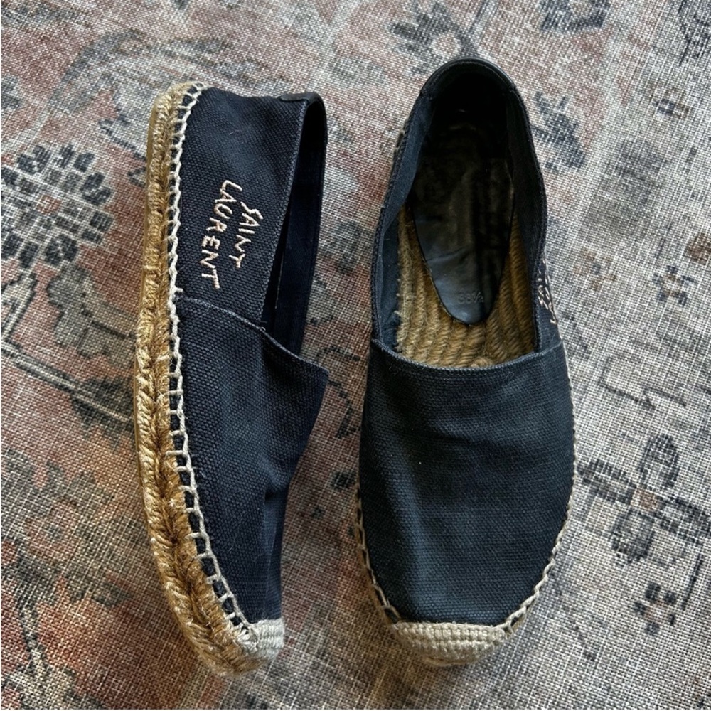 Saint Laurent Paris Black Canvas Embroidered Espadrilles Size 38.5